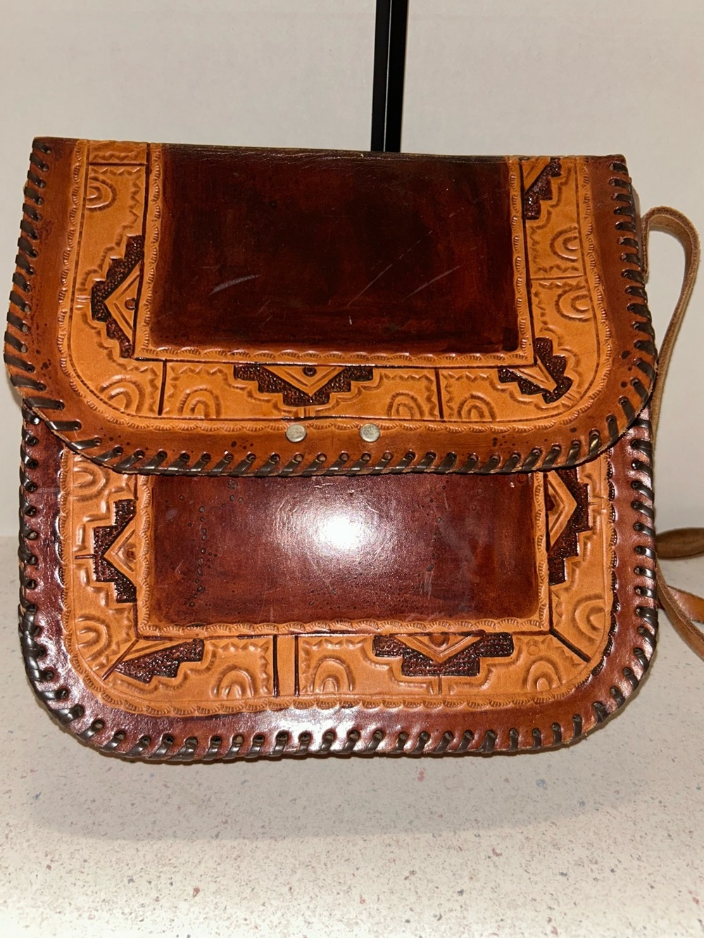 Hand-Tooled Leather Crossbody Bag in Tan & Brown